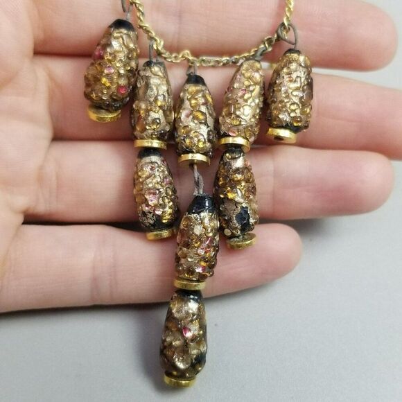 Vintage Black and Brown Glass Bead Drop Fringe Necklace, 16 Inch Chain - Picture 6 of 7